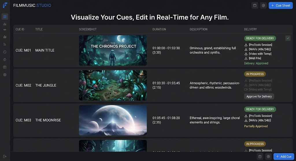 The cue list, showing a frame grab, timecodes and delivery status for each cue.